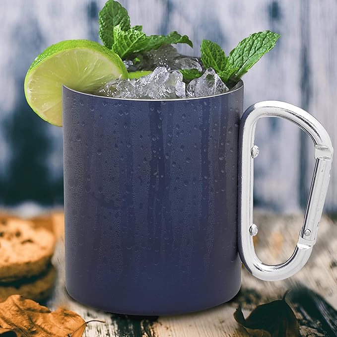 DISCOUNT PROMOS Stainless Steel Mugs with Carabiner Handle 10 oz. Set of 10, Bulk Pack - Perfect for Coffee, Soda, Other Hot & Cold Beverages - Navy Blue
