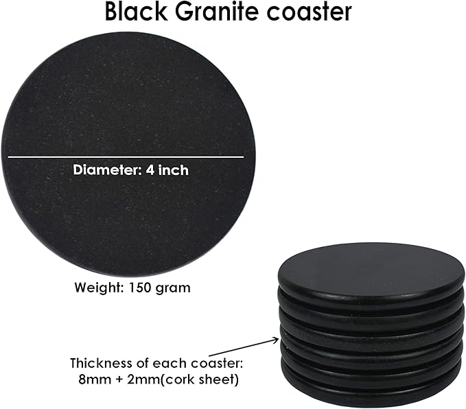 Black Granite Round Stone Coasters Polished Best Granite Stone Coasters with a fine Color and Solid Build Material Set of 4 (Set of 6)