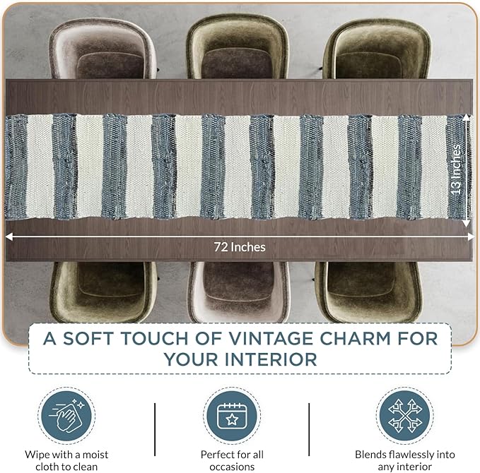 Perilla Home Chindi Table Runner Boho with Tassels 72 Inches Long Linen Cotton - Braided Rustic Farmhouse Fall Kitchen Dining Table Decoration for Party Wedding (Blue & White)