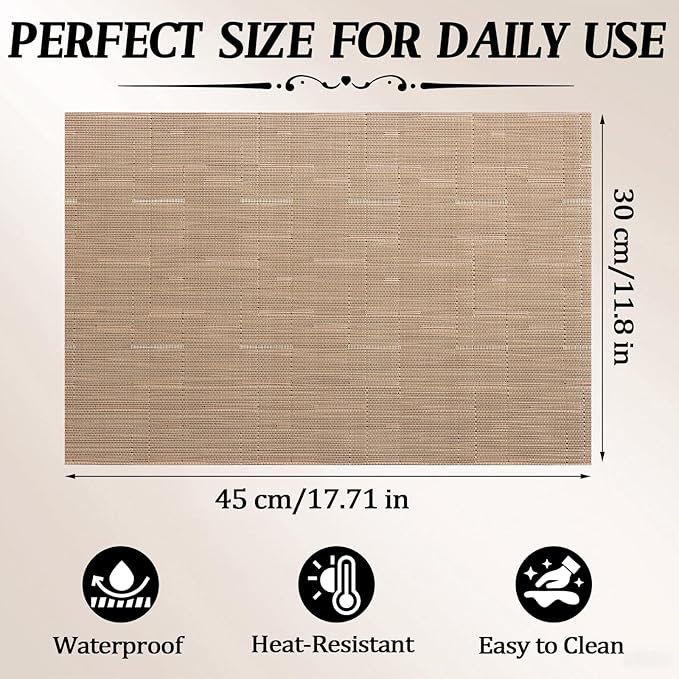 Timeet Placemats Set of 6, Heat Resistant Non-Slip Place Mats, Durable Washable PVC Vinyl Woven Table Mats, Linen Textured Table Placemats for Dining Kitchen Resistant Easy to Clean(Brown)