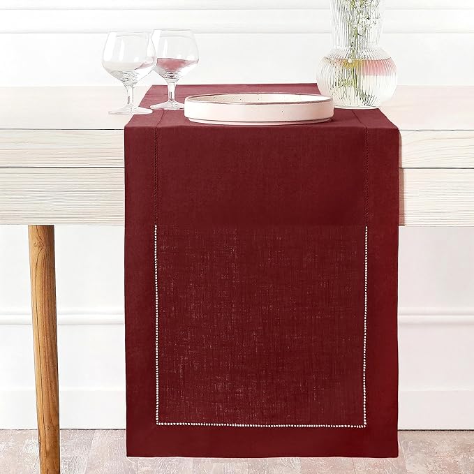 D'Moksha Homes Linen Dark Red Table Runner 60 Inches - Classic Hemstitch, 100% Pure Linen Coffee Table Runner 14 x 60 Inch Ideal for Dresser Tables, Valentines, Spring