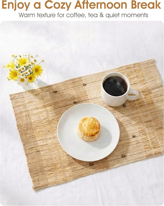 Handmade Ramie Woven Table Placemats Set of 6 (12"x18"),Natural Fiber Heat-Resistant Table Protectors for Family Dinners & Gatherings,Elevate Your Tabletop with Eco-Friendly Style