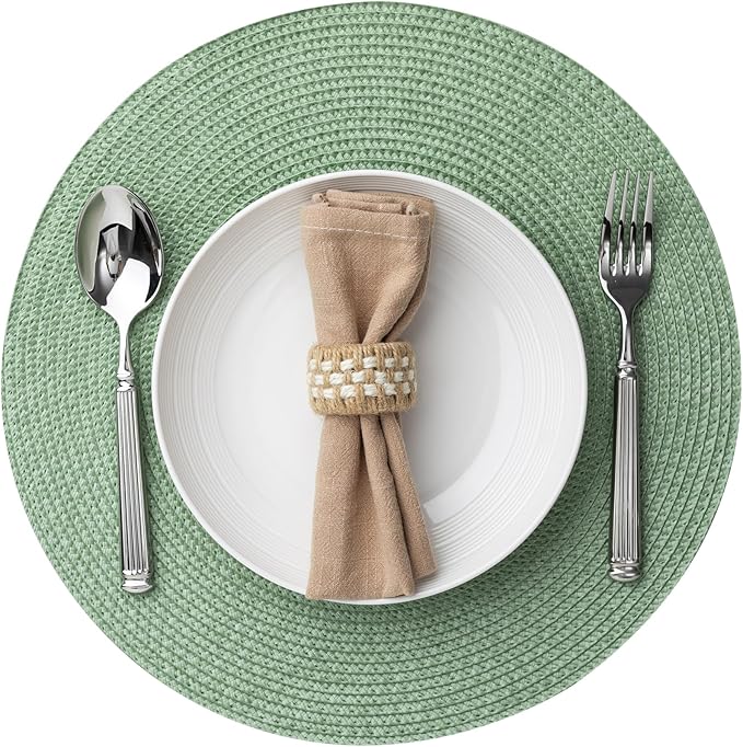 Round Placemats Set of 12 Plastic Woven Placemats Washable Wipeable Table Mats for Dining Table Heat Resistant Non-Slip Circle Place Mats (Green)