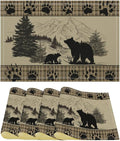 Retro Farmhouse Placemat Set, Rustic Brown Tartan Check Wildlife Bear Paw Silhouette Sketch Pine Tree Forest Pattern Home Decoration Linen Table Mats for Dining Room Kitchen Party (17x12in) x4P