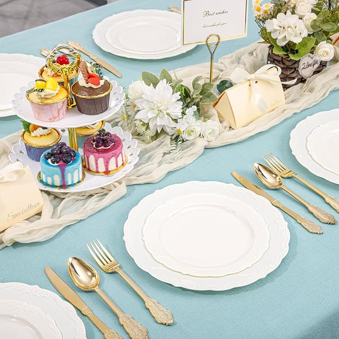 DaYammi 60PCS Ivory Plastic Plates, Fancy Plastic Plates Disposable Heavy Duty Disposable Plates Premium 10inch Ivory Dinner Platos Hard Plastic Platos Disposable for Party Wedding Bridal Shower