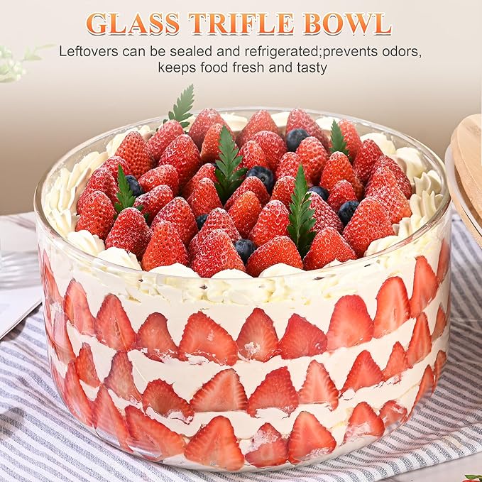 9 inch Large Salad and Trifle Bowl Glass with Lid, 155 oz Versatile Mixing and Serving Dish for Fruit, Laying Ice Cream, Cake, Cupcake, Baking, and Dessert, Microwave Safe