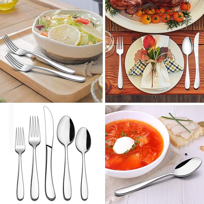 LIANYU 60-Piece Heavy Duty Silverware Set, Stainless Steel Flatware Cutlery Set for 12, Heavy Weight Eating Utensils Tableware, Mirror Finished, Dishwasher Safe