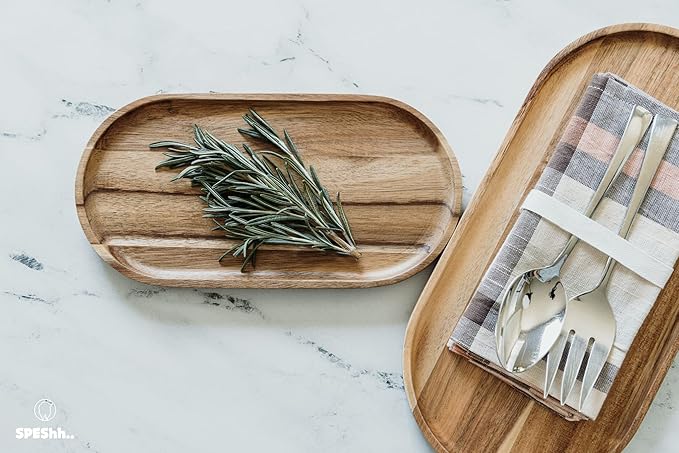 Acacia Wooden Serving Trays Set of 2 - Rectangular Oval Shaped Wood Plates for Charcuterie Cheese Bread Fruit Vegetable Dip Sushi - Rustic Serving Platter Shallow Dishes -14x7 & 11x5.5 In.