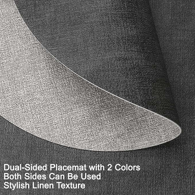 Myir JUN Reversible Vinyl Round Placemats Set of 4, Faux Leather Place Mats Dual Sided Waterproof Oilproof Wipeable, Heat-Resistant Table Mats for Kitchen Dining Indoor Outdoor (14", Light Gray Gray)