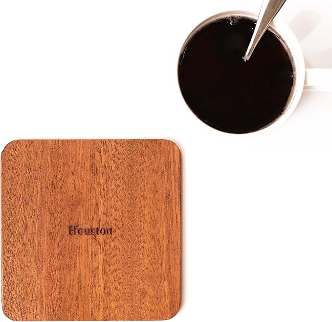 Houston Map Coaster by O3 Design Studio, Set Of 4, Sapele Wooden Coaster With City Map, Handmade