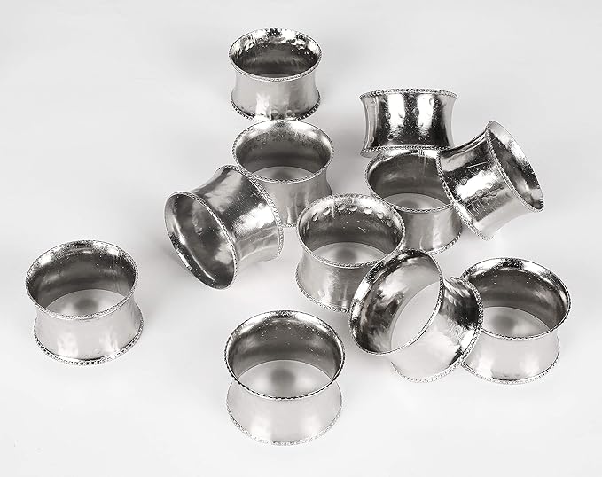 Everyday Metal Napkin Rings for Wedding Receptions, Dinners Parties, Family Gatherings, Everyday Use - Hand Made by Skilled artisans, Hammered Silver, Set of 6