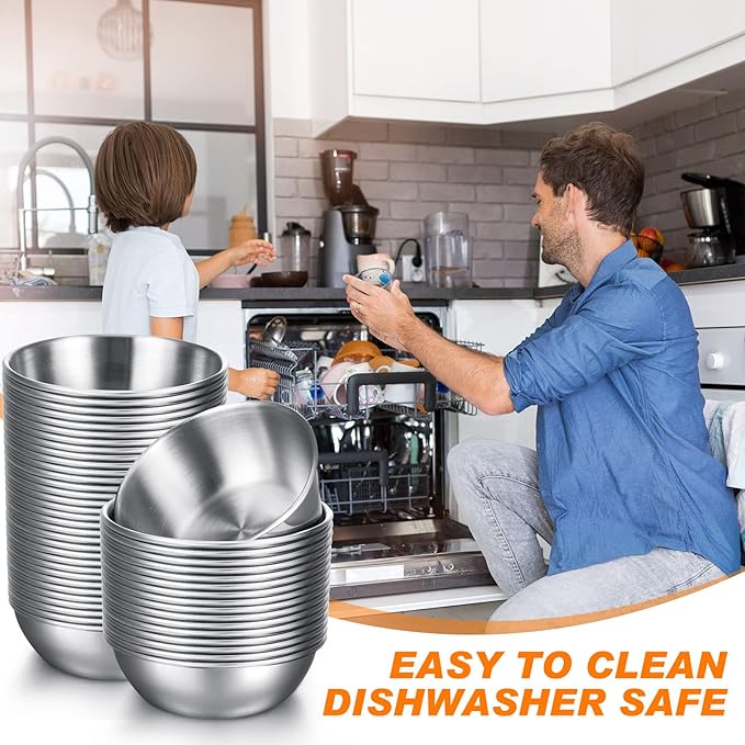 Tanlade 50 Pcs Metal Sauce Bowls 3.2 Inch Round Stainless Steel Seasoning Dishes Cups Mini Saucers Plates Small Sushi Dipping Bowls for Prep Ramekins Kitchen Party Supplies(Silver)