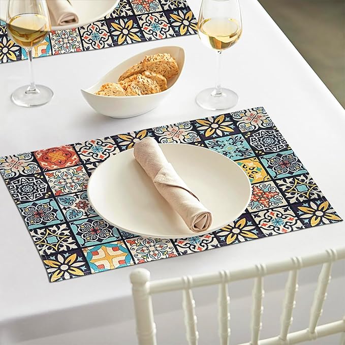 Mandala Bohemian Placemats Set of 6 Two-Sided Washable Table Placemat Boho Mat Fabric Cloth Vintage Flower for Farmhouse Kitchen Outdoor Dining Decor 12x18 Inch (Bohemian A)