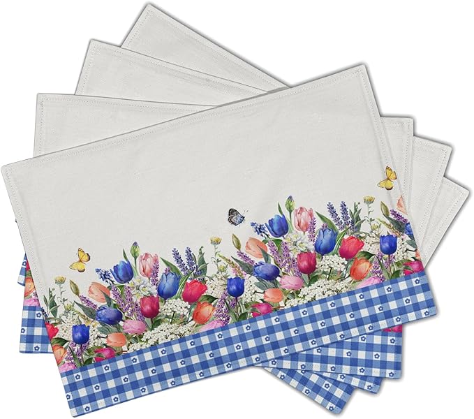 Tulip Placemats - Spring Easter Place Mats Set of 4 Blue Floral Plaid Place Mat 12x18 for Party Kitchen Dining Home