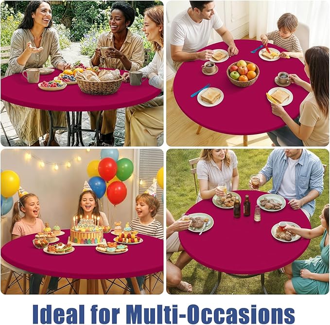 Round Spandex Tablecloth 2 Pack, Elastic Fitted Waterproof Tablecloths for 45"-56" Tables, Stretch Washable Picnic Table Cover for Camping, Dining, Indoor and Outdoor, Fuchsia