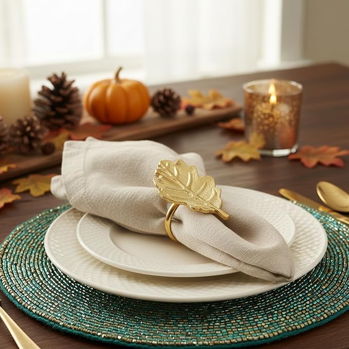 CLEENTABLE Metal Napkin Rings Set of 12, Metal Napkin Holder Cuffs for Dinner Table Décor, Thanksgiving Leaf Farmhouse Modern Serviette Rings for Christmas, Weddings, Receptions, (Gold)