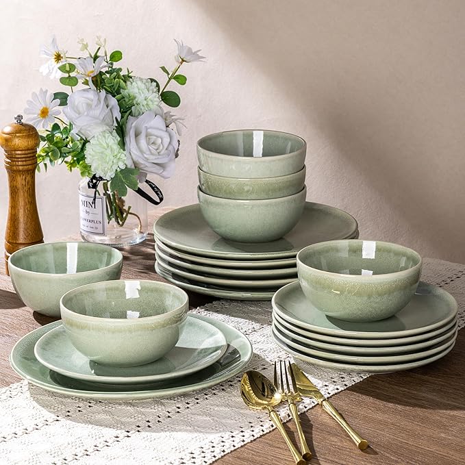AmorArc Ceramic Dinnerware Sets for 4, 12 Pieces Handpainted Plates and Bowls Set, Scratch Resistant Stoneware Dishes Set, Dishwasher & Microwave Safe, Olive Green