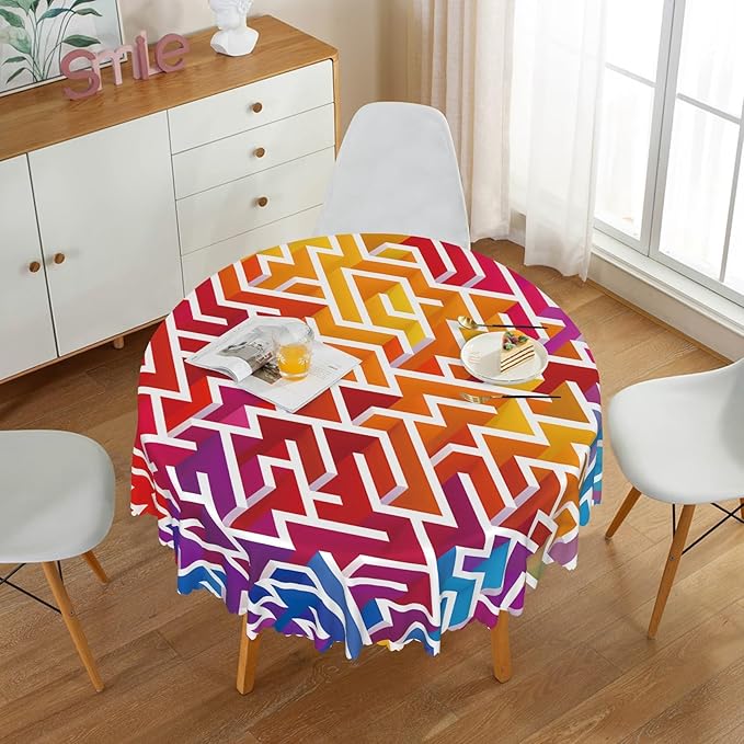 Laeacco 42 Inch Maze Round Tablecloth Colorful Labyrinth Texture Modern Geometric Abstract Art Print Table Cloth Washable Waterproof Wrinkle Free Table Cover for Kitchen Dining Picnic Party Decor