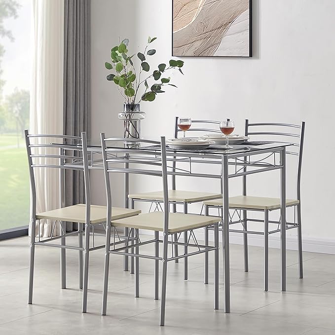 VECELO Kitchen Dining Room Table and Chairs 4, 5-Piece Dinette Sets, Space Saving (Silver)