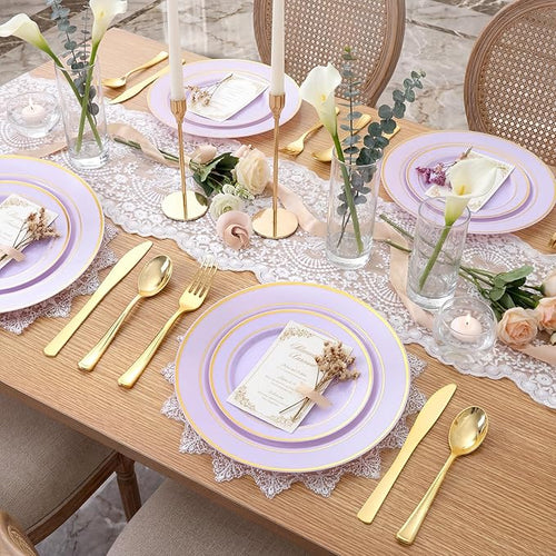 350PCS Purple Plates Disposable - Purple Plastic Plates 50Guests Lavender Disposable Dinnerware Sets with Rolled Napkins for Wedding/Birthday/Baby Shower/Easter