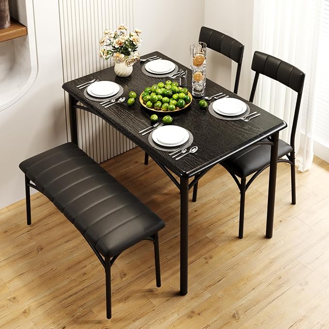 Dining Table Set for 4, Rectangular Kitchen Table and Chairs Set of 4 for Small Spaces, Modern Dining Room Table Set with Upholstered Bench and 2 Chairs, Space Saving Dining Furniture for Apartments