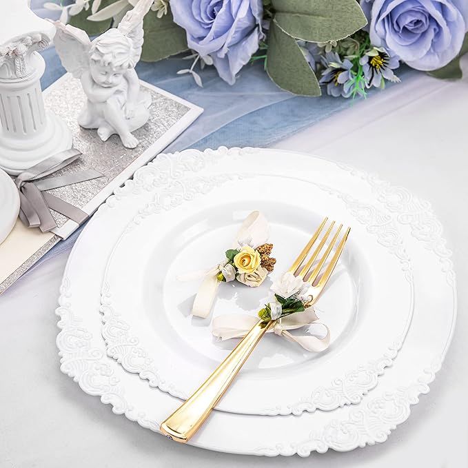 Morejoy 100PCS White Plastic Plates，White Disposable Plates，Include 50 Pieces 10.25 Inch Dinner Plates & 50Pieces 7.5 Inch Dessert Plates,Perfect for Weddings & Party