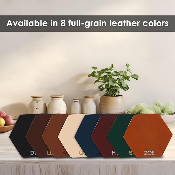 Northwind Personalized Leather Coasters – Set of 4 Full-Grain Leather 4” Hexagon Drink Coasters with Custom Engraved Monogram Initials – Stylish Home Décor for Weddings and Holidays