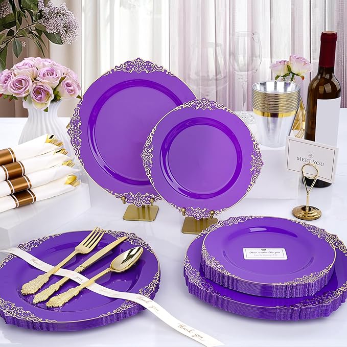 350 PCS Purple and Gold Plastic Plates, Plastic Dinnerware Set for 50 Guests, 100 Disposable Plates, 150 Silverwares, 50 Cups, 50 Napkins for Party, Wedding, Graduation