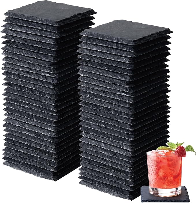Slate Coasters Set of 60,4-Inch Black Square Stone Drink Coasters with Scratch-Resistant Backing,Durable Tabletop Protection for Home Office Kitchen,Ideal Housewarming Wedding Gifts