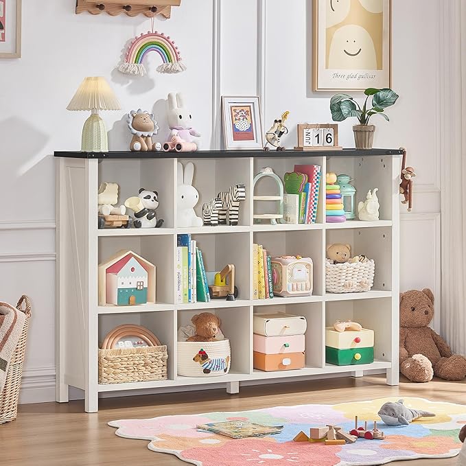 12 Cube Storage Organizer, Farmhouse 62 Inch Warm White Display Bookshelf, Wooden 3 Tier Large Open Book Shelf, Modern Bookcase for Home Office, Rustic Cubby Cabinet for Living Room, Bedroom
