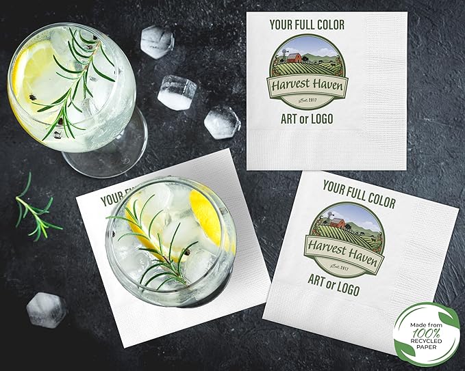 100% Recycled Custom Cocktail Napkins - Personalized 100% Recycled Napkins - Eco-friendly & Full-Color Digital Printed - Weddings, Events & Celebrations - Pack of 50 - Coin Edge Embossed, 5"x 5"
