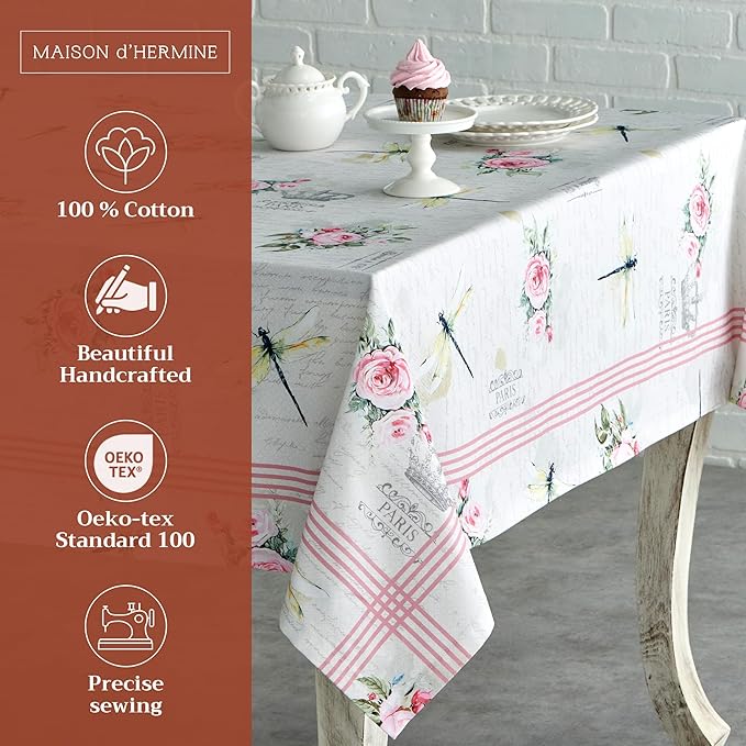 Maison d' Hermine Table Cloth Square Table 100% Cotton 54 x 54 Inches Tablecloth Reusable Decorative for Dining Room Farmhouse Home Valentines Day Decorations Spring Summer - Champ De Mars