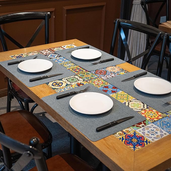 Heat Resistant Placemats Set of 6, 17x12in Waterproof Wipeable Faux Leather Non Slip Table Mats, Easy to Clean, Stain Resistant, for Kitchen Dining Room– Charcoal Blue