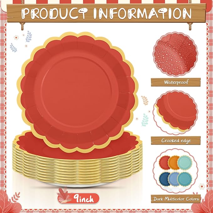 48 Pcs Boho Colorful Paper Plates 9 Inch Gradient Scalloped Paper Plates Disposable Dinner Dessert for Birthday Wedding Bridal Party Supplies, 6 Colors