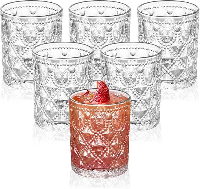 Vintage Diamond-Pattern Drinking Glasses Set of 6 – 12 oz Clear Short Glass Cups – Embossed Retro Glassware for Water, Cocktails, Whiskey, Juice – Thick Clear Glass, Dishwasher Safe