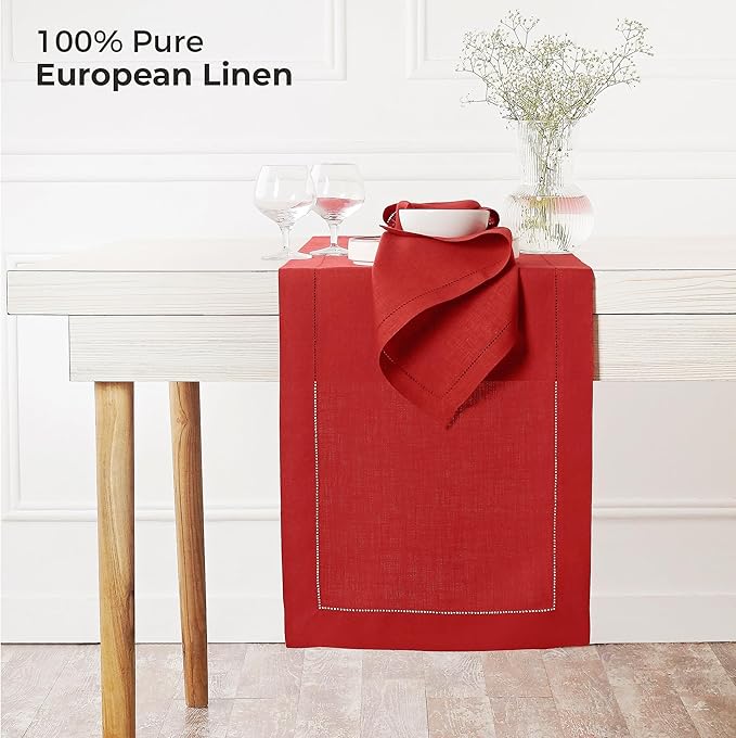 D'Moksha Homes Linen Bright Red Table Runner 48 Inches - Classic Hemstitch, 100% Pure Linen Coffee Table Runner 14 x 48 Inch Ideal for Dresser Tables, Valentines, Spring, Easter