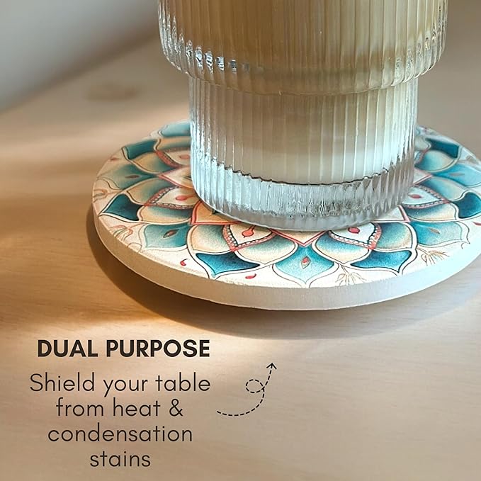 Ceramic Absorbent Coasters Set of 6 with Holder, Marble Drink Coasters for Coffee Table, Water-Absorbing Stone Coasters (Boho Mandala Design)