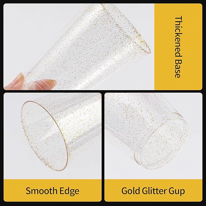 Goodluck 10 oz 100 PCS Gold Glitter Plastic Cups, Disposable Glitter Cups, Elegant Plastic Cocktail Glasses, Fancy Party Cups for Wedding, Birthday, Holiday