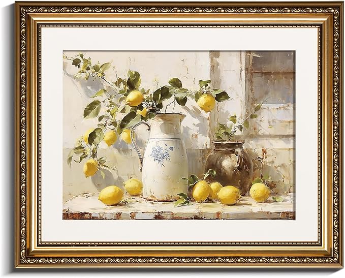 InSimSea Gold Framed Wall Art, Yellow Lemon Vintage Kitchen Wall Shelf Decor, Still Life Canvas Print Art, Dining Room Home Farmhouse Decor, Antique Paintings with Picture Frame 13x16inch