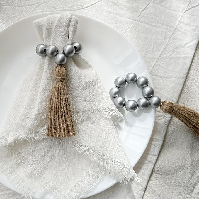 Napkin Rings Set of 12,Wooden Napkin Rings,Wood Bead Elastic Farmhouse Napkin Ring with Tassel,Boho Napkin Holder for Table Decor,Weeding,Dinner,Party(Silver)