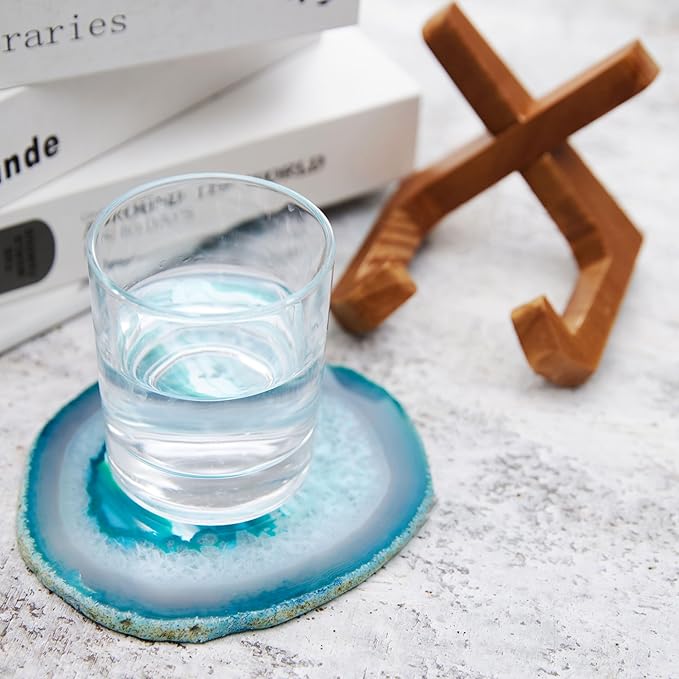 Luxury Lane Large Natural Brazilian Agate Slice Geode Rock Stone Drink Coaster with Wood Holder 4.7-5.5 inch Centerpiece Table Decoration, Teal