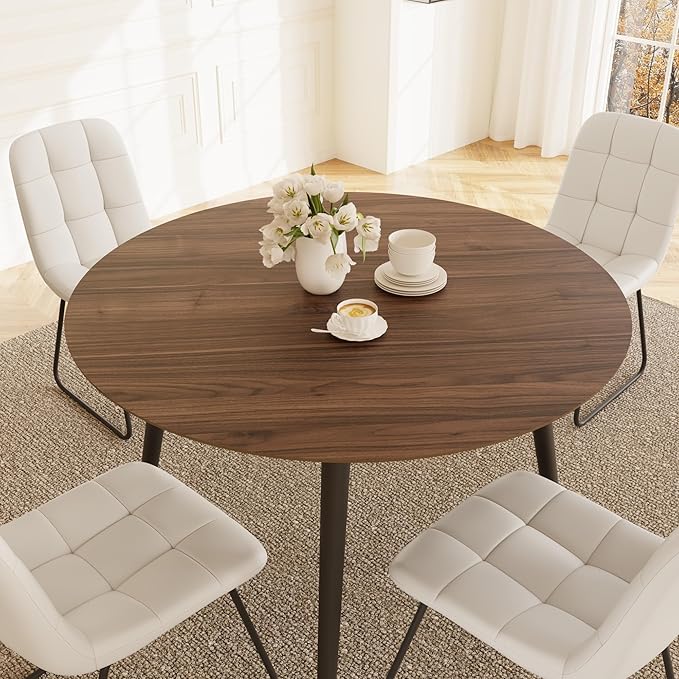 43.3 Inch Round Dining Table Set for 4, Modern Small Kitchen Coffee Set for Dining Room Kitchen Apartment (Walnut Table+4 U-Shaped White Chairs)