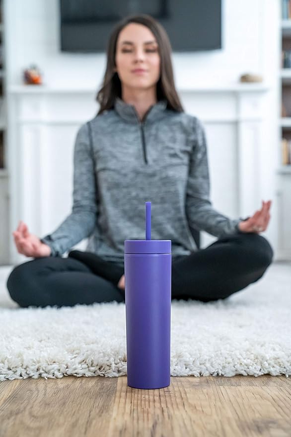 STRATA CUPS Purple Skinny Tumblers with Lids and Straws (12 pack) - 16oz Double Wall Acrylic Tumbler, Tall Matte Skinny Tumblers, Bulk with Free Straw Cleaner, Reusable Cups