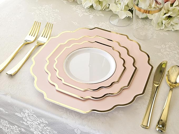 " OCCASIONS " 50 Plates Pack (25 Guests)-Heavyweight Wedding Party Disposable Plastic Plate Set -(25x10.5'' Dinner + 25x8'' Salad/Dessert) (Imperial in Blush Pink & Gold)