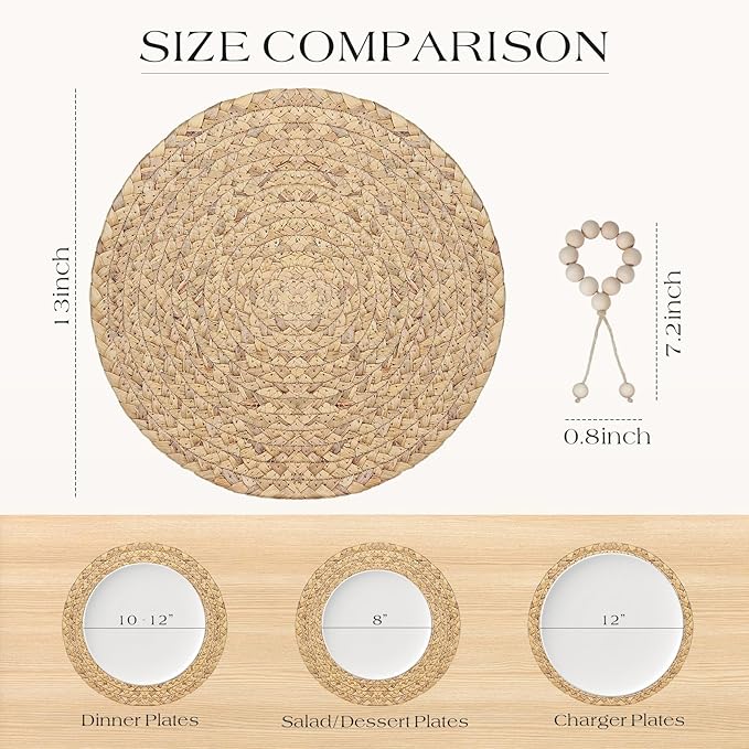 13” Woven Round Placemats Set of 4, Natural Water Hyacinth Braided Table Mats with 4 Wood Bead Napkin Rings, Washable Boho Farmhouse Rattan Place Mats for Home, Outdoor, Table Decor, Dinning, Wedding
