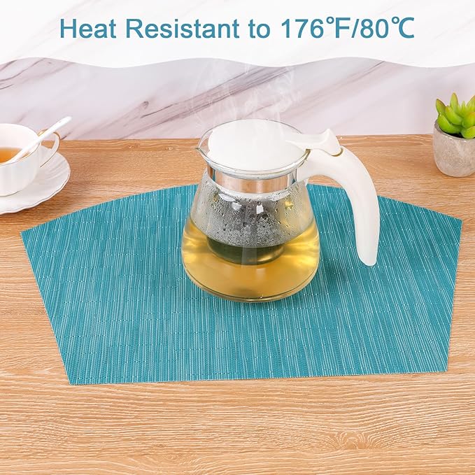SHACOS Round Table Placemats Set of 7 Woven Vinyl Wedge Placemats with Centerpiece Heat Resistant Table Mats Wipe Clean (7, Teal Blue)