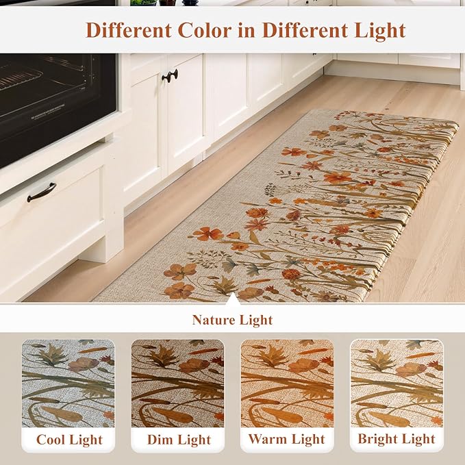 KIMODE Fall Kitchen Mats Cushioned Anti Fatigue, Orange Farmhouse Kitchen Rugs Sets of 2, Non Slip Kitchen Mats for Floor, Padded Kitchen Floor Mats for Sink Laundry Office Desk 17"x47"+17"x29"