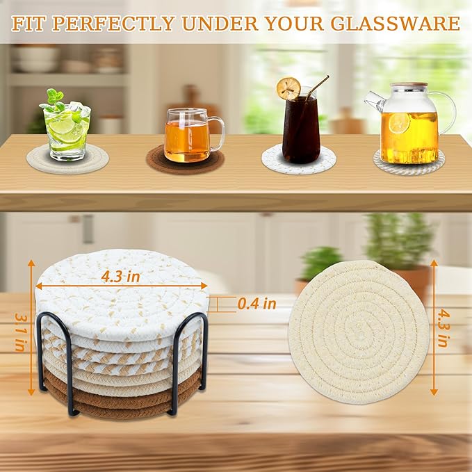 8 Pcs Drink Coasters with Holder, Minimalist Cotton Woven Coaster Set, 4 Colors Absorbent Coaster Protection Protection for Various Cups, Ideal for Coffee Tables and Home Decor Tabletop, 4.3 Inches