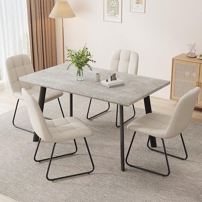 ZckyCine 46.5" Modern Grey Dining Table Set for Small Spaces, 5-Piece Set with Rectangular Table & 4 Padded Leather Chairs, Compact, Sturdy & Easy to Assemble (Table + 4 White Dining Chairs, 46.5")