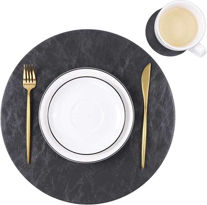 Set of 8 Faux Leather Round Placemats and Coasters, Coffee Mats Kitchen Table Mats, Waterproof, Easy to Clean for Kitchen Dining Round Table